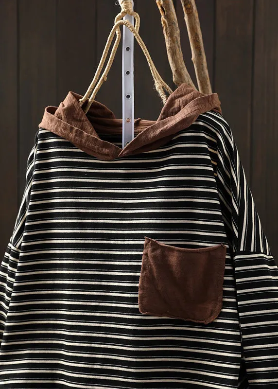 Black Striped Pockets Patchwork Cotton Blouse Tops Hooded Fall ML1950