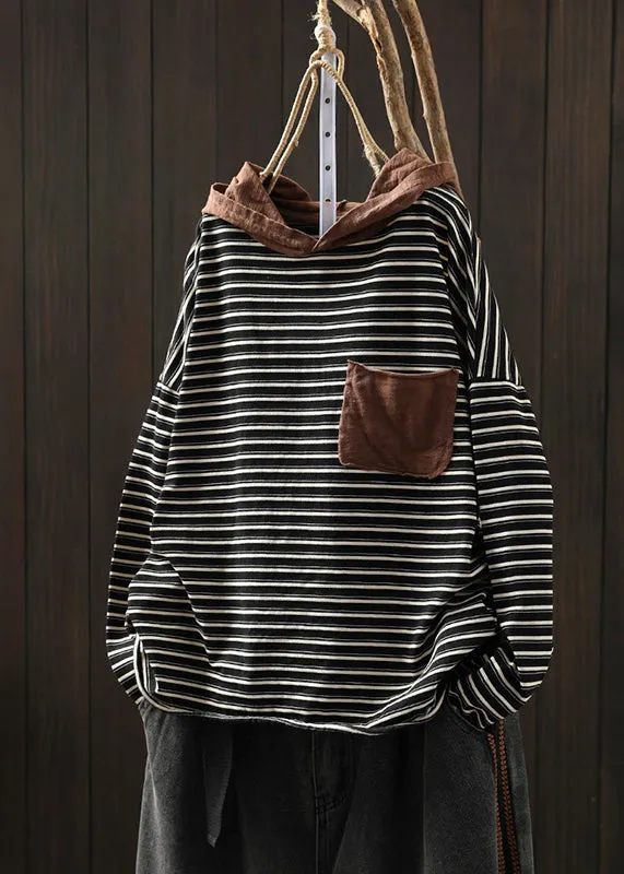 Black Striped Pockets Patchwork Cotton Blouse Tops Hooded Fall ML1950