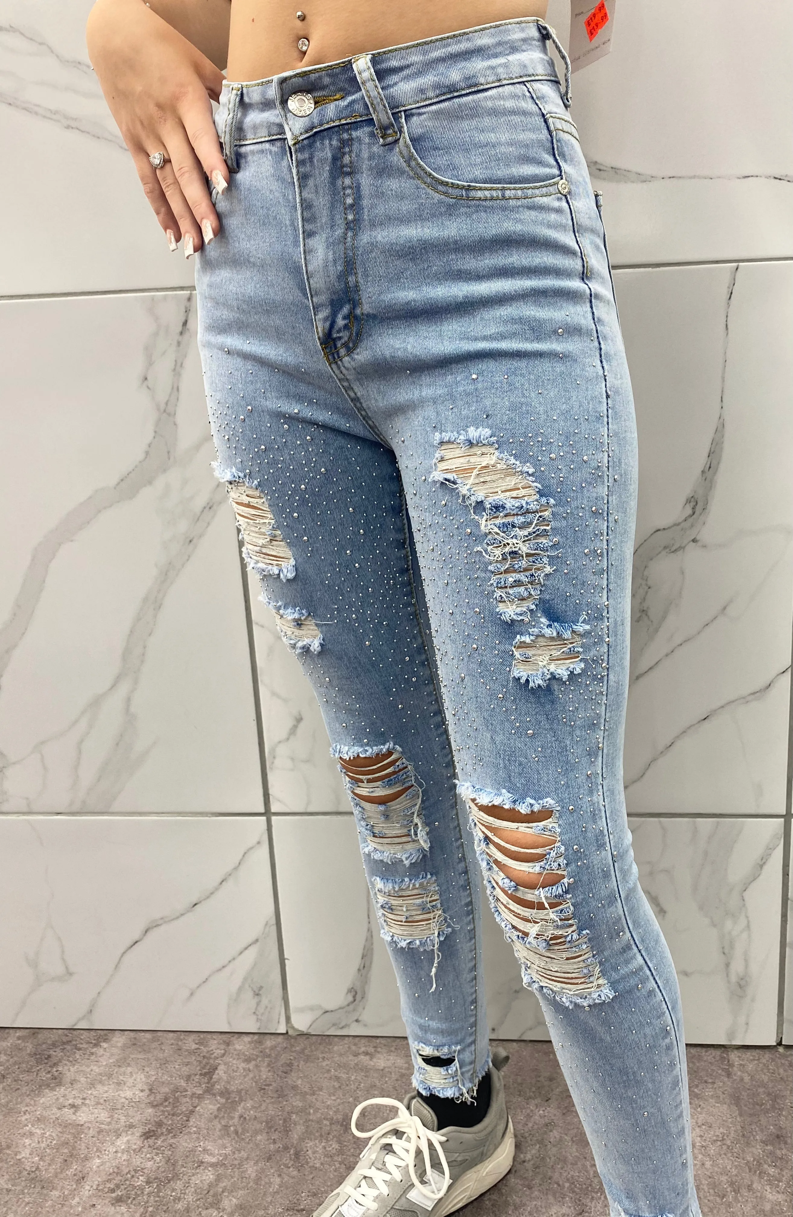 BLUE DISTRESSED STRETCH DENIM DIAMOND STUDDED  HIGH WAIST JEANS