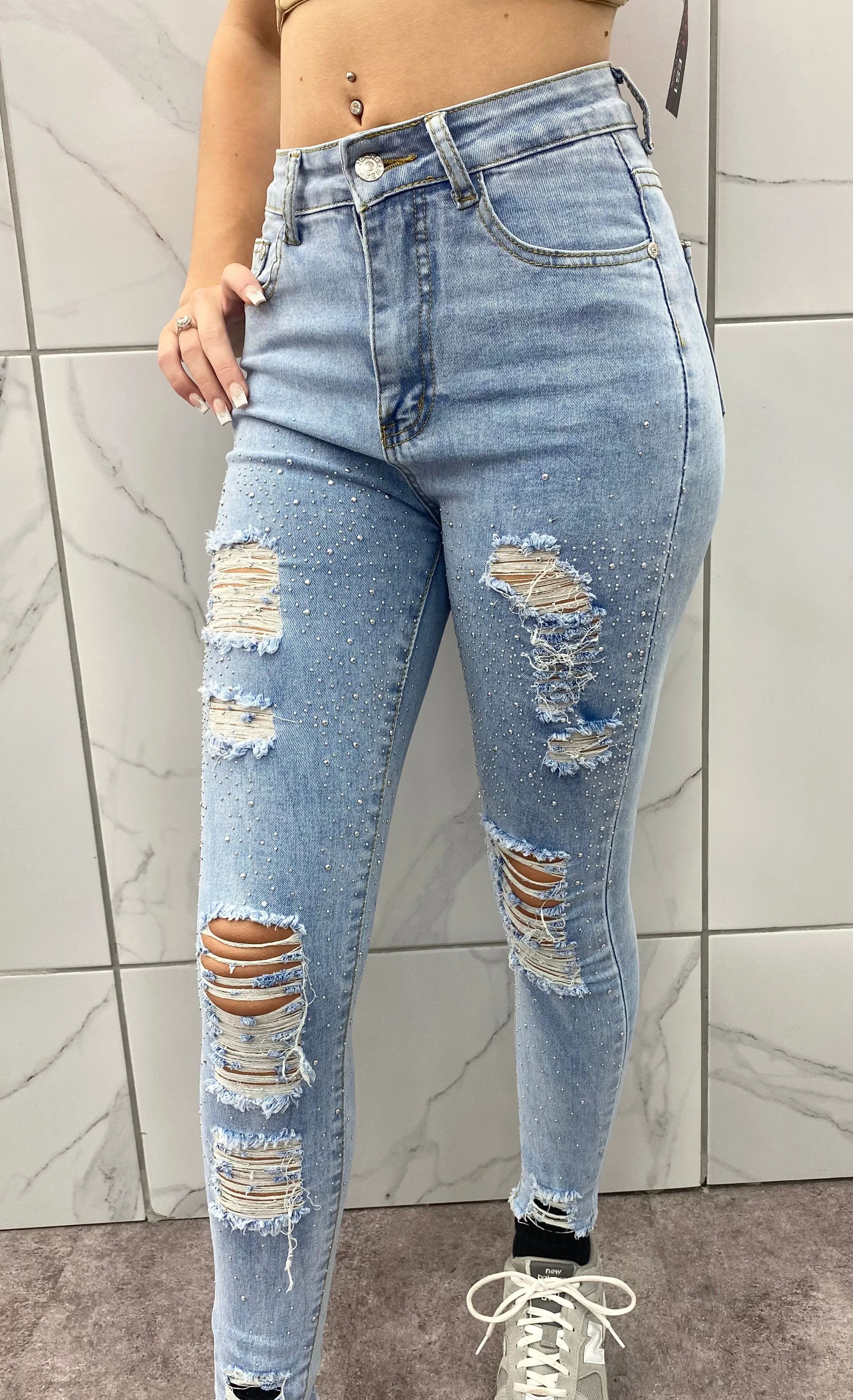 BLUE DISTRESSED STRETCH DENIM DIAMOND STUDDED  HIGH WAIST JEANS