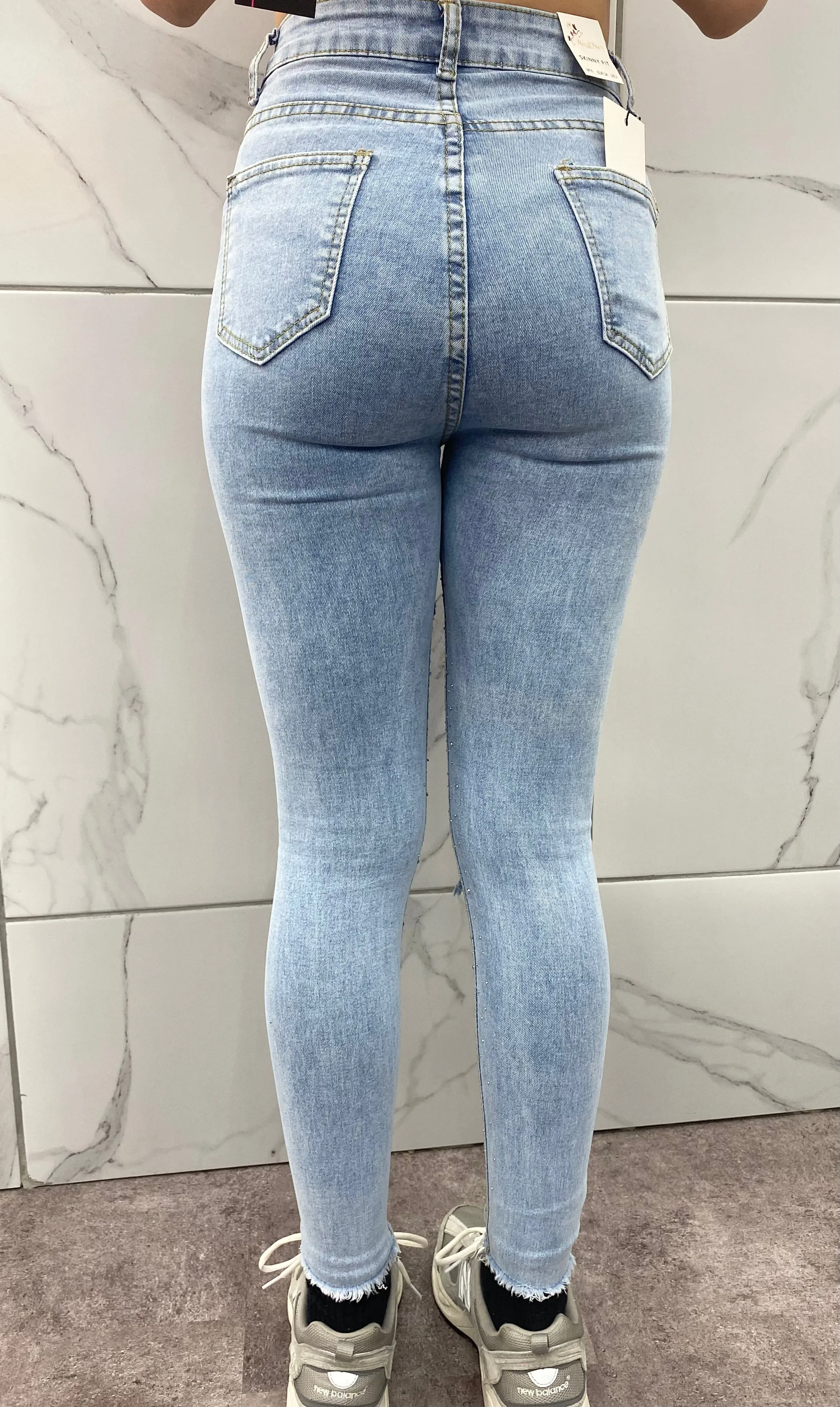 BLUE DISTRESSED STRETCH DENIM DIAMOND STUDDED  HIGH WAIST JEANS