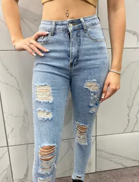 BLUE DISTRESSED STRETCH DENIM DIAMOND STUDDED  HIGH WAIST JEANS