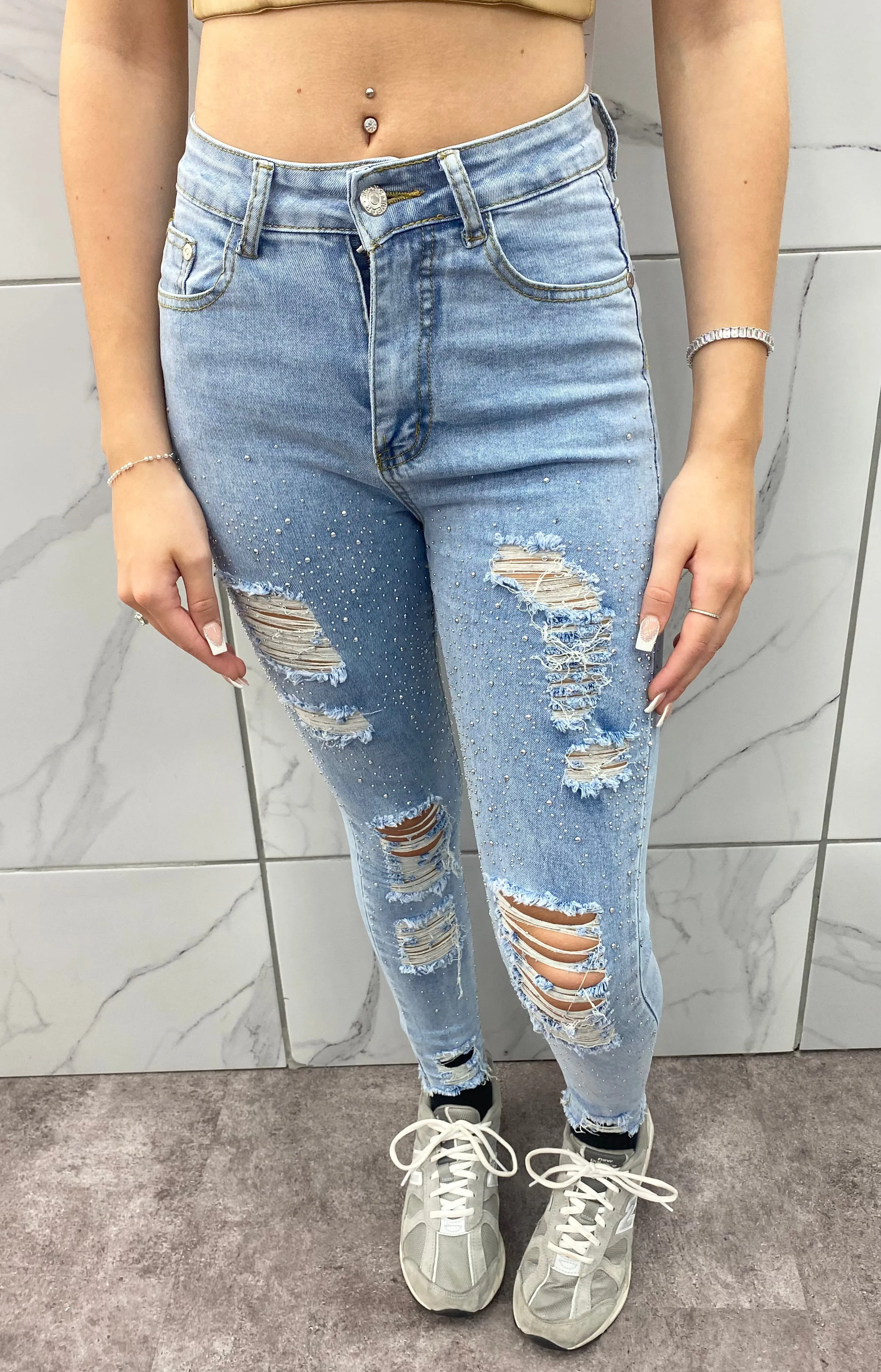 BLUE DISTRESSED STRETCH DENIM DIAMOND STUDDED  HIGH WAIST JEANS