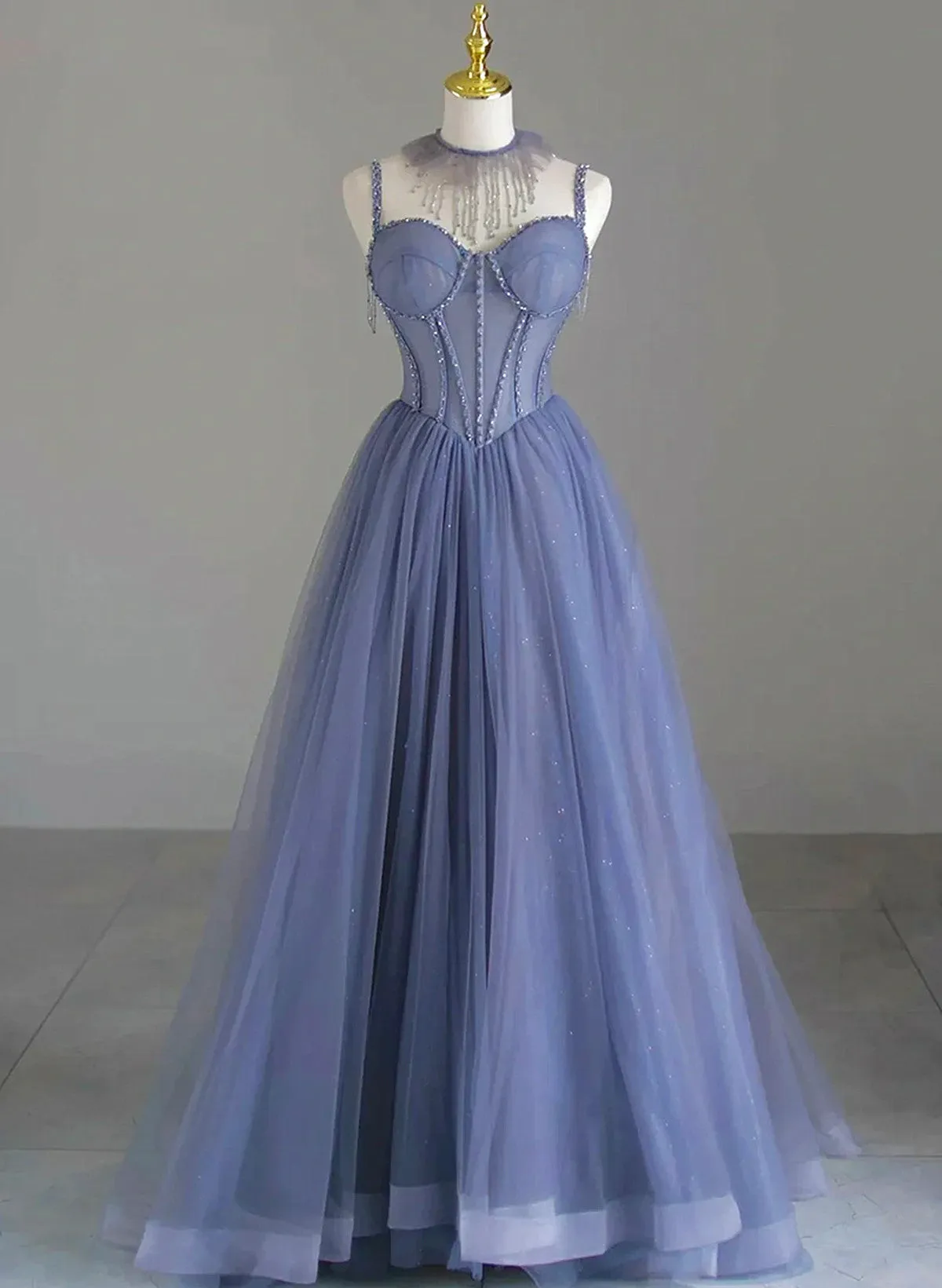 Blue Tulle Sweetheart Beaded Long Party Dress, A-line Blue Formal Dress Prom Dress