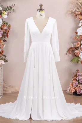 Boho Chiffon Bishop Sleeves Slit Wedding Dress