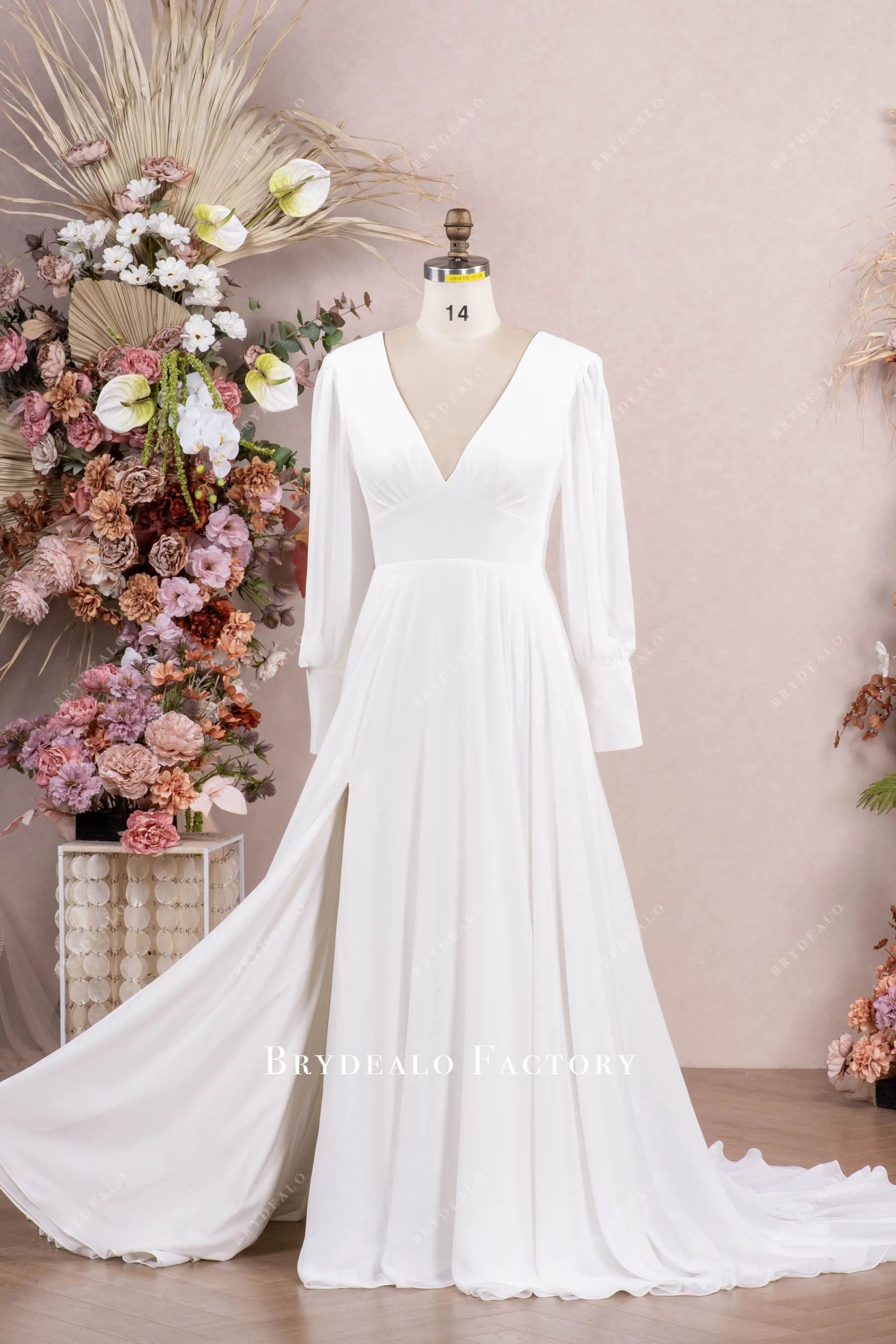 Boho Chiffon Bishop Sleeves Slit Wedding Dress