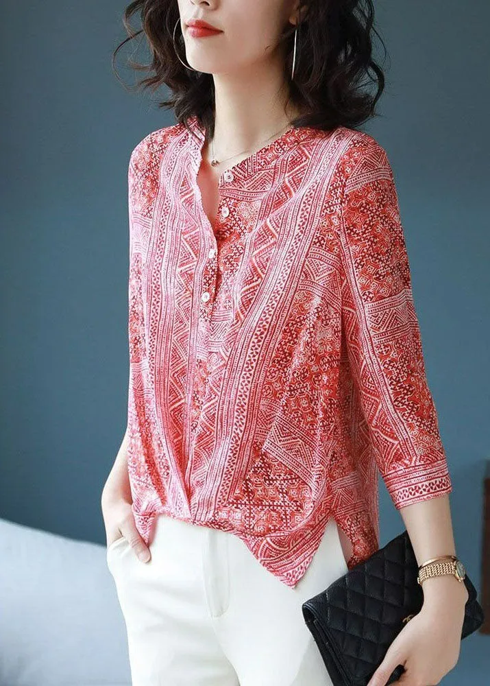 Boutique Red Print Button Patchwork Chiffon Blouse Tops Bracelet Sleev TP1003