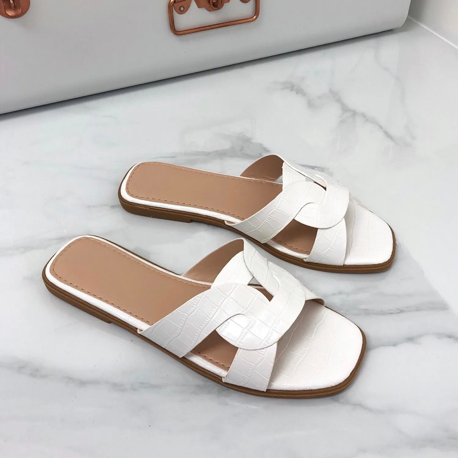 Cassie - White Croc Print Knot Style Slip On Flat Sandal