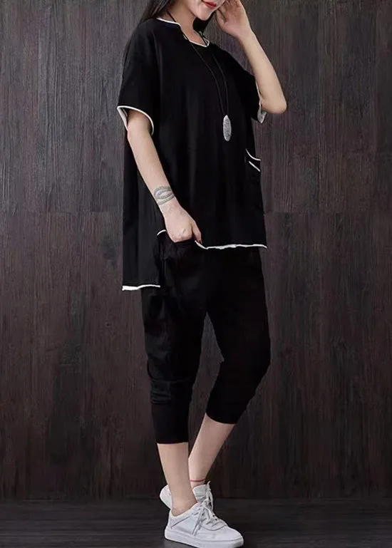 Casual Black Pockets Patchwork Tops And Pants Cotton Two Piece Suit Set Summer LY7853