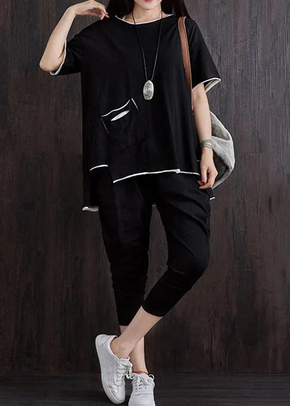 Casual Black Pockets Patchwork Tops And Pants Cotton Two Piece Suit Set Summer LY7853