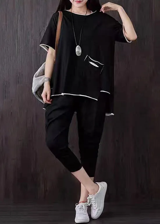 Casual Black Pockets Patchwork Tops And Pants Cotton Two Piece Suit Set Summer LY7853