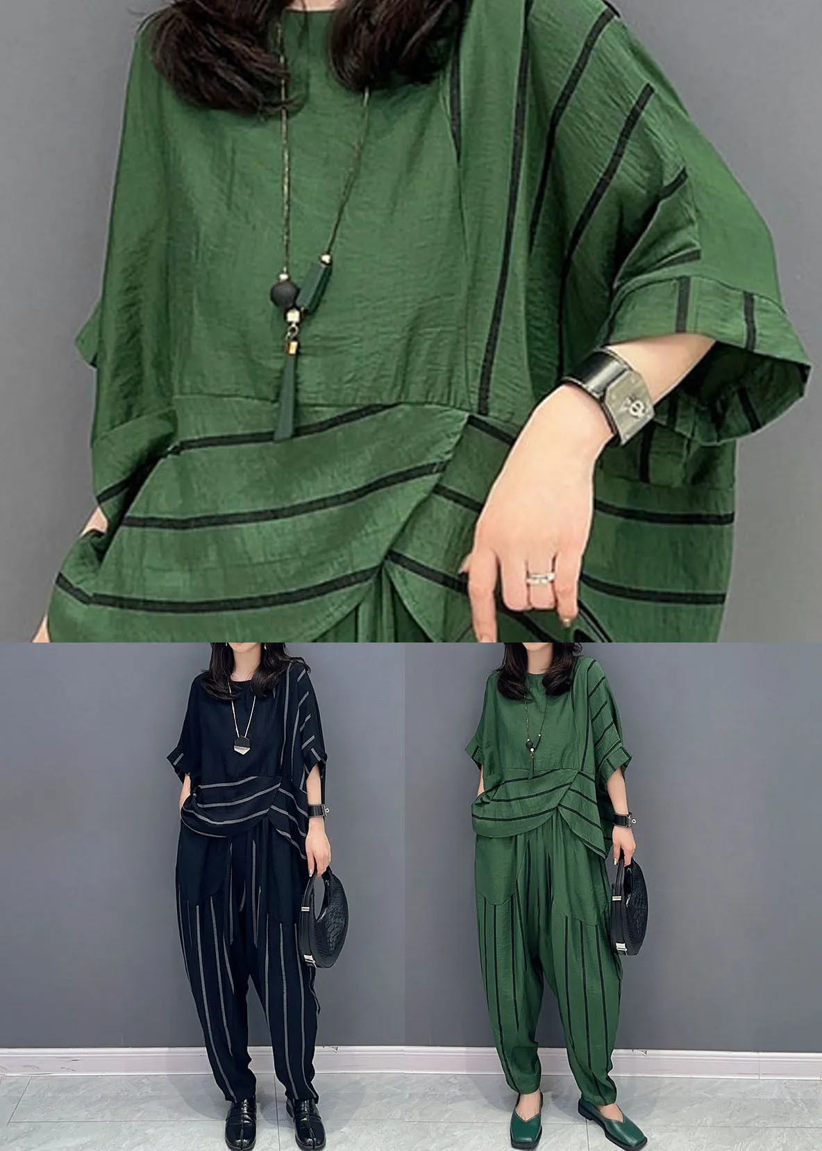 Casual Green O-Neck Striped Patchwork Tops And Pants Cotton Two Piece Set Summer LY5744