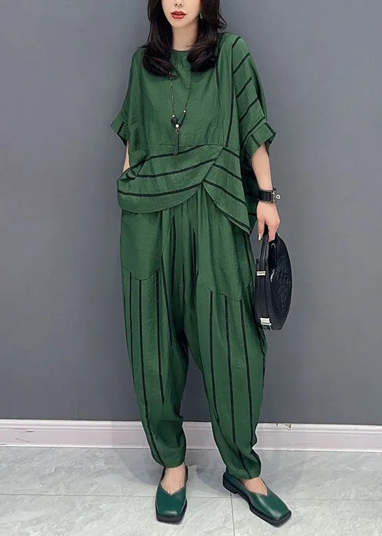 Casual Green O-Neck Striped Patchwork Tops And Pants Cotton Two Piece Set Summer LY5744