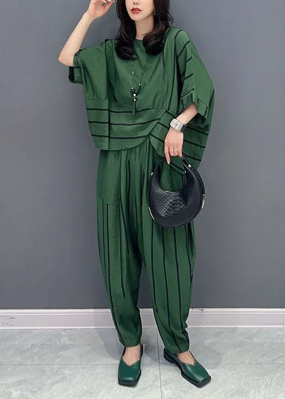 Casual Green O-Neck Striped Patchwork Tops And Pants Cotton Two Piece Set Summer LY5744