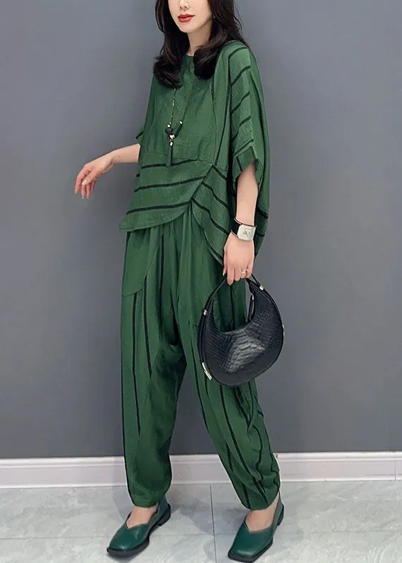 Casual Green O-Neck Striped Patchwork Tops And Pants Cotton Two Piece Set Summer LY5744