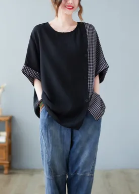 Chic Black Oversized Patchwork Plaid Side Open Cotton Tops Summer LY2388