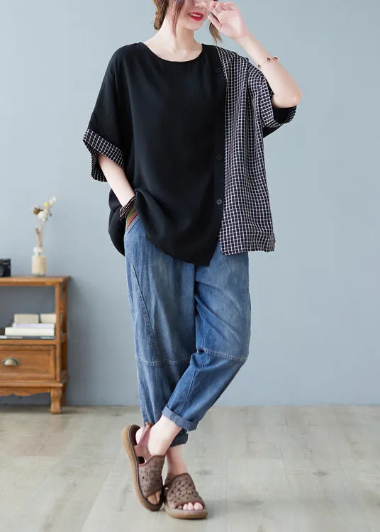 Chic Black Oversized Patchwork Plaid Side Open Cotton Tops Summer LY2388