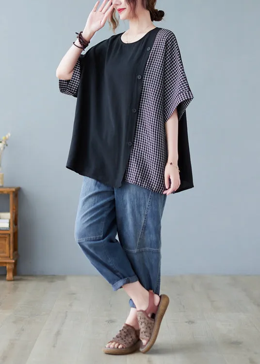 Chic Black Oversized Patchwork Plaid Side Open Cotton Tops Summer LY2388