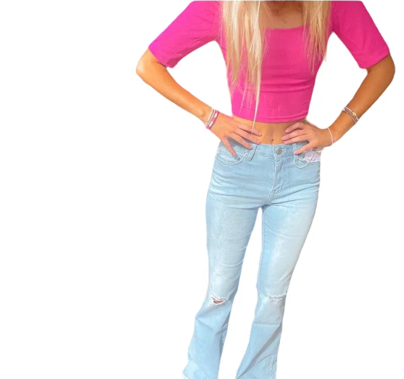 Chic Ripped High-Rise Flare Jeans in Light Wash