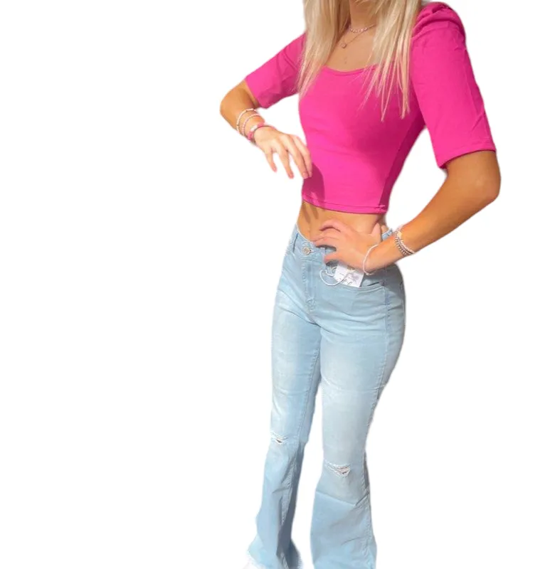 Chic Ripped High-Rise Flare Jeans in Light Wash