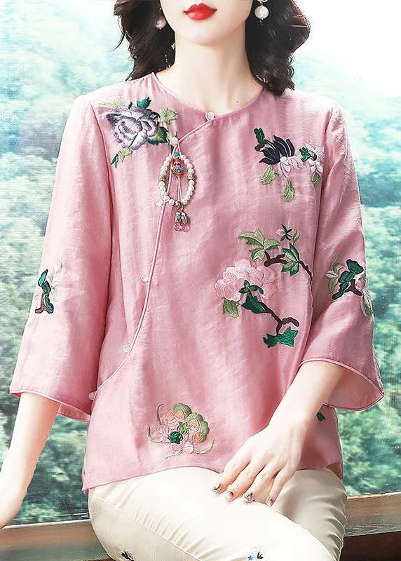 Chinese Style Pink Embroideried Patchwork Chiffon Tops Spring TP1052