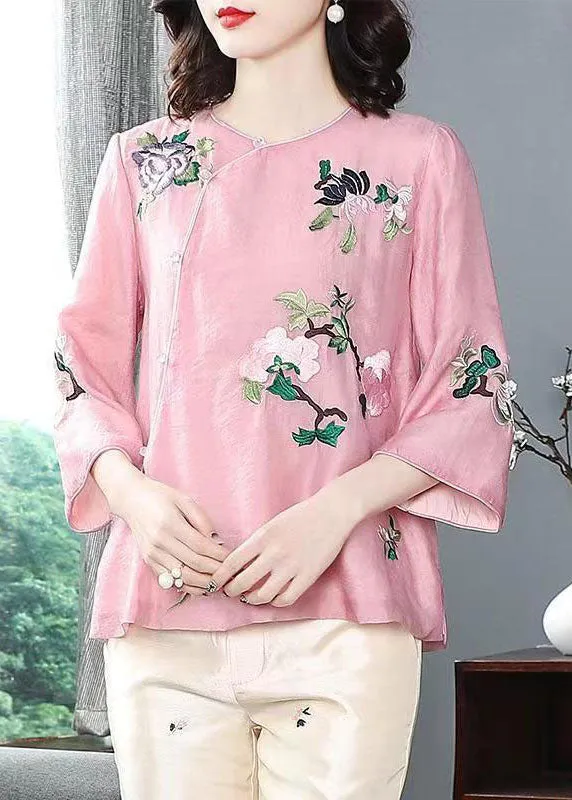 Chinese Style Pink Embroideried Patchwork Chiffon Tops Spring TP1052