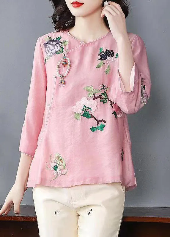 Chinese Style Pink Embroideried Patchwork Chiffon Tops Spring TP1052