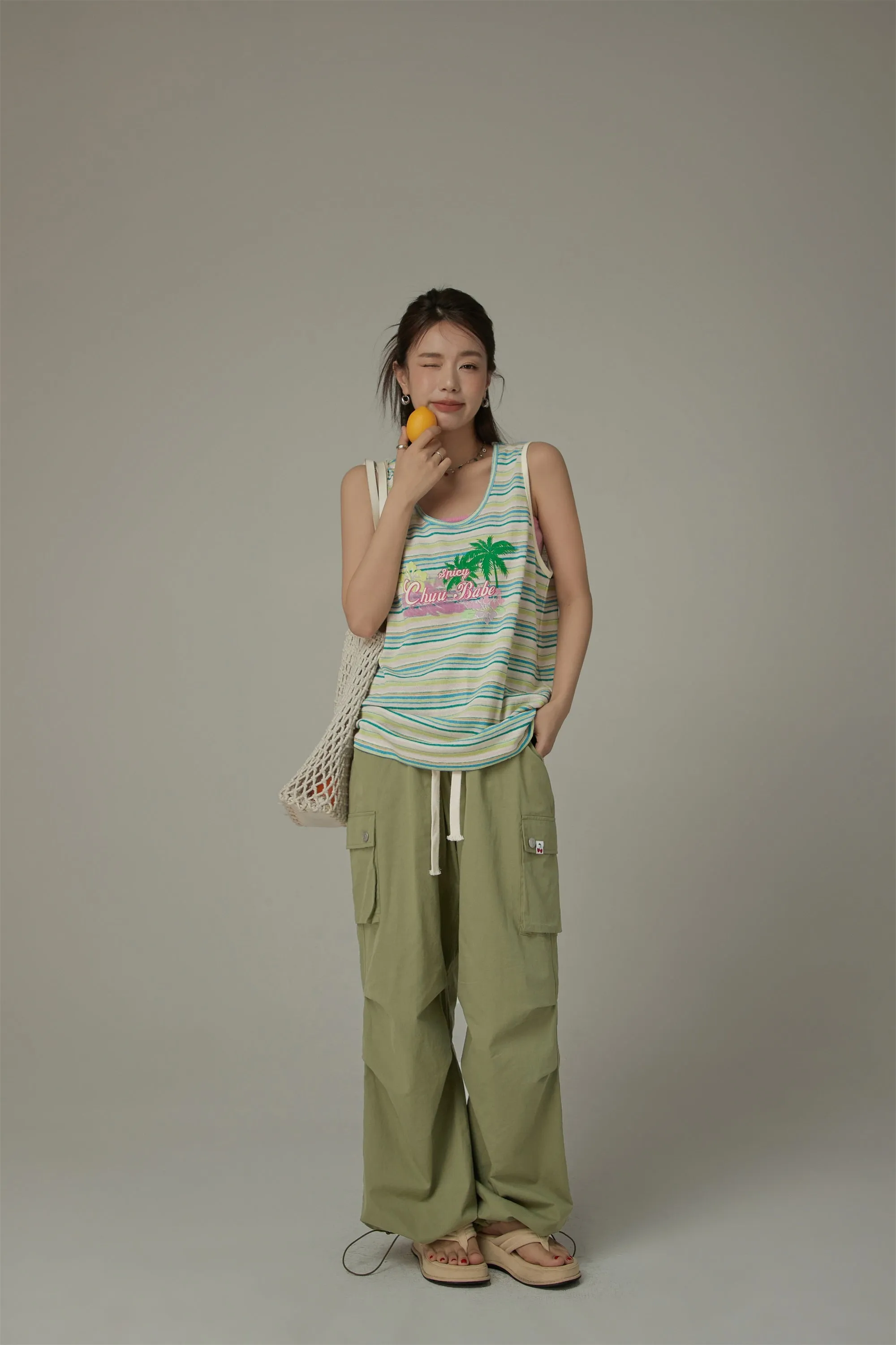 Chuu Baby Printed Design Striped Sleeveless Oversized T-Shirt