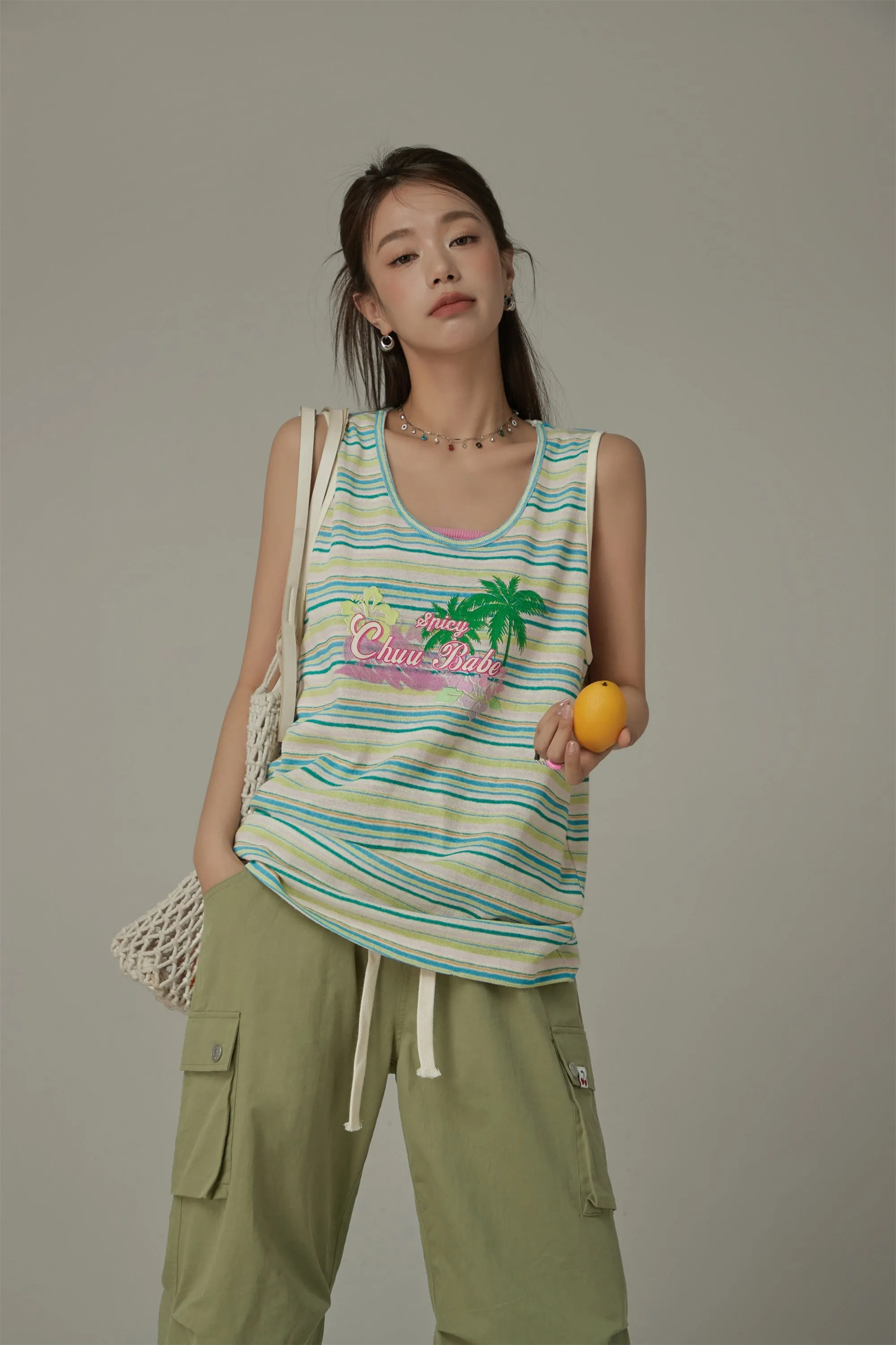 Chuu Baby Printed Design Striped Sleeveless Oversized T-Shirt