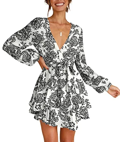 Cosonsen Women's Dress Deep V-Neck Long Sleeve Waist Tie Ruffle Mini Swing Skater Dresses