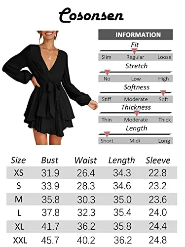 Cosonsen Women's Dress Deep V-Neck Long Sleeve Waist Tie Ruffle Mini Swing Skater Dresses