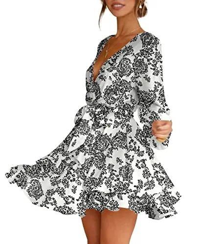 Cosonsen Women's Dress Deep V-Neck Long Sleeve Waist Tie Ruffle Mini Swing Skater Dresses