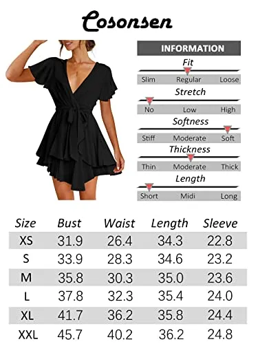 Cosonsen Women's Dress Deep V-Neck Long Sleeve Waist Tie Ruffle Mini Swing Skater Dresses