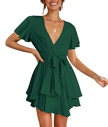 Cosonsen Women's Dress Deep V-Neck Long Sleeve Waist Tie Ruffle Mini Swing Skater Dresses