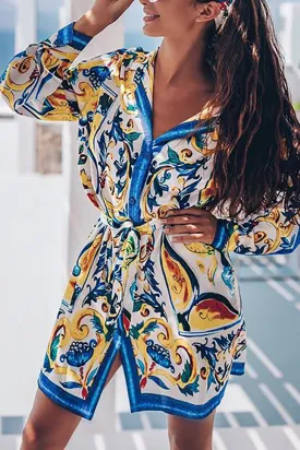 Deep V-Neck Long Sleeve Print Shirt Dress