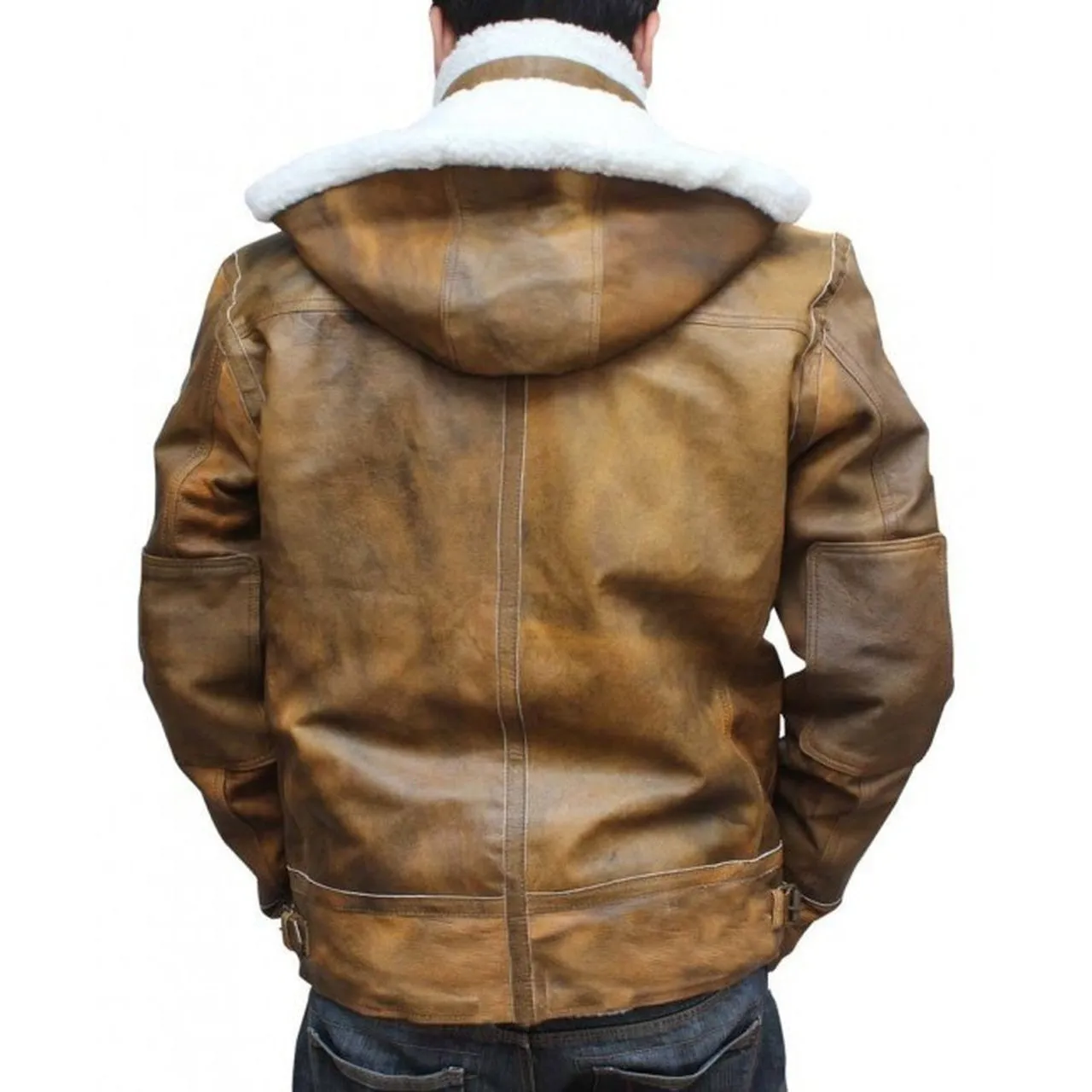 Distressed Brown Fur Hooded Leather Jacket