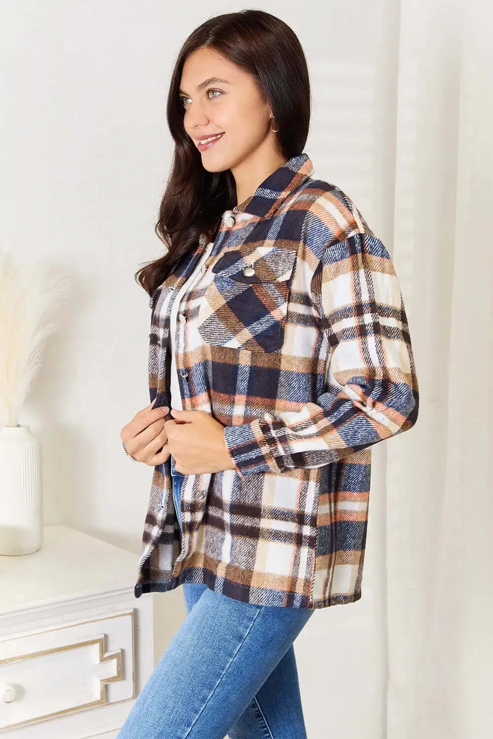 Double Take Plaid Button-up Shirt Jacket with Breast Pockets