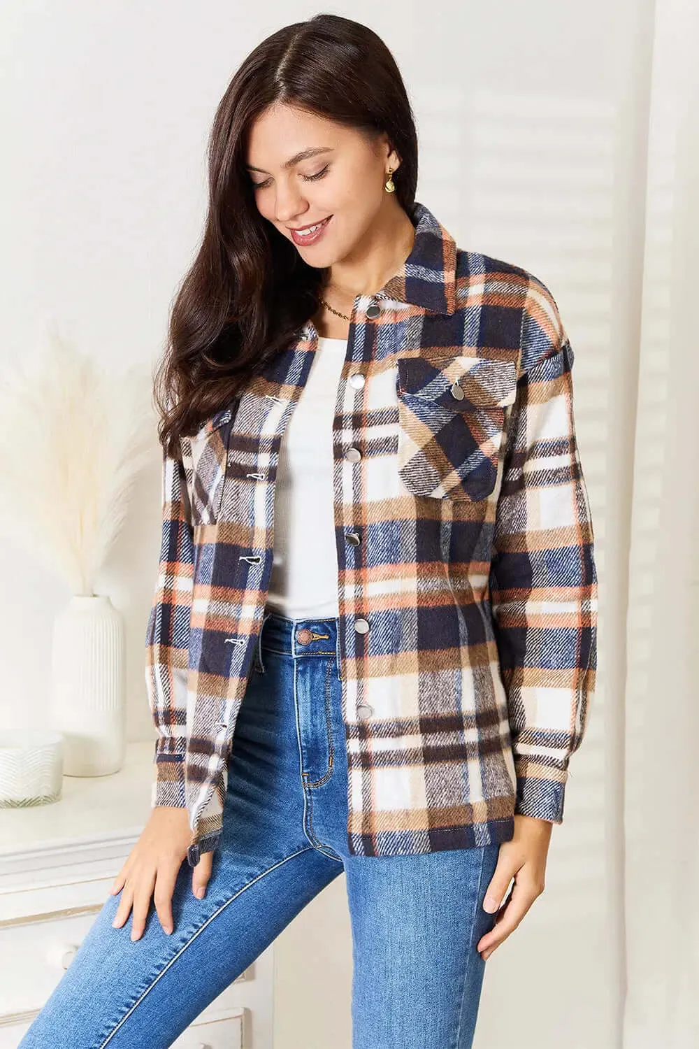 Double Take Plaid Button-up Shirt Jacket with Breast Pockets