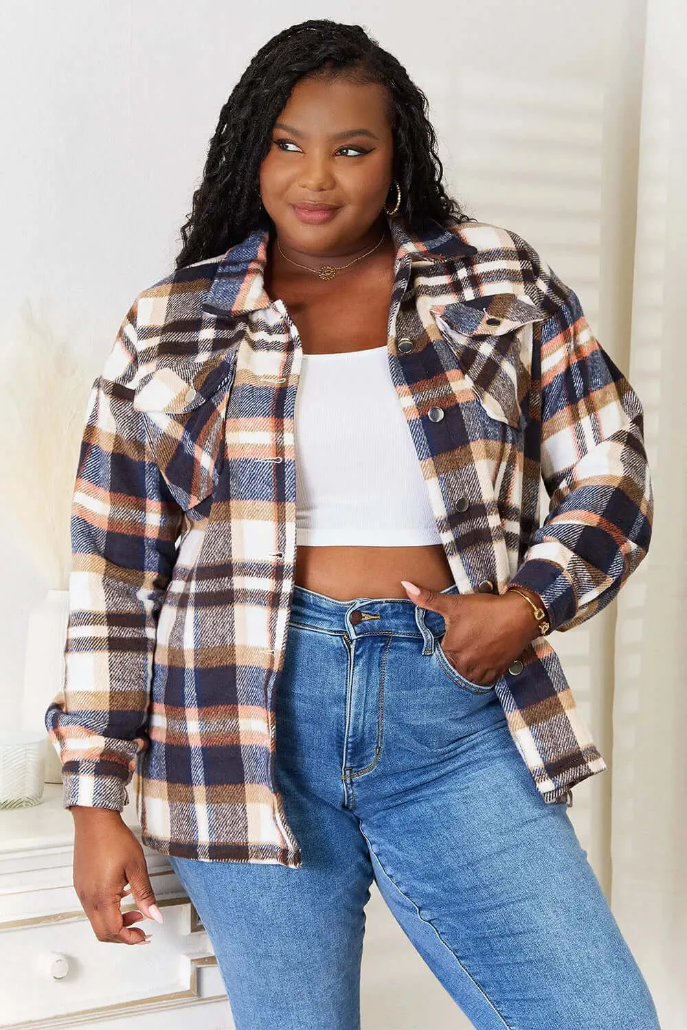 Double Take Plaid Button-up Shirt Jacket with Breast Pockets