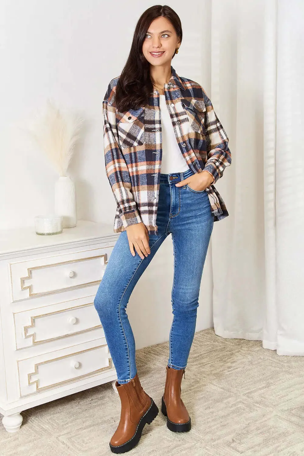 Double Take Plaid Button-up Shirt Jacket with Breast Pockets