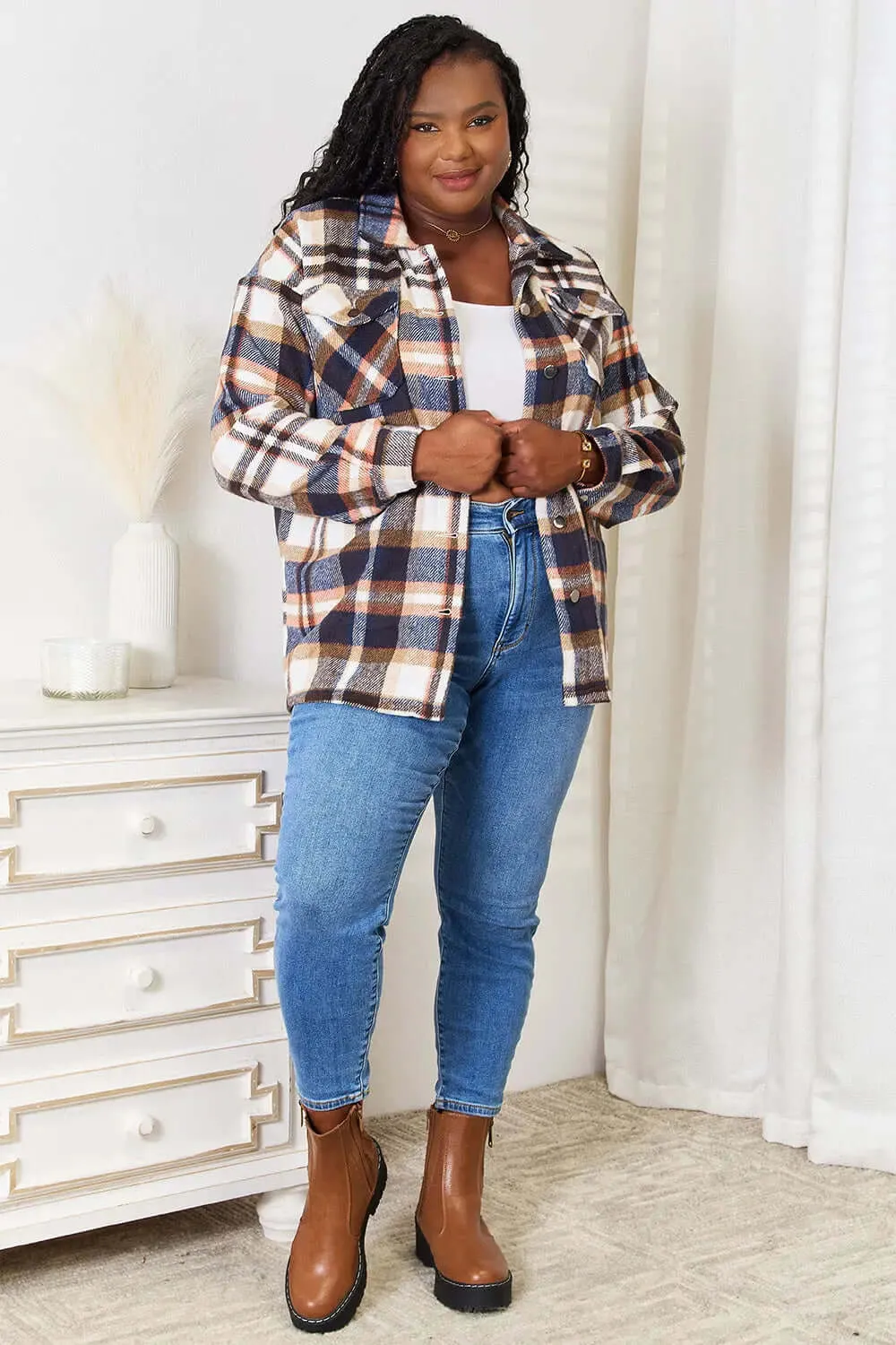 Double Take Plaid Button-up Shirt Jacket with Breast Pockets