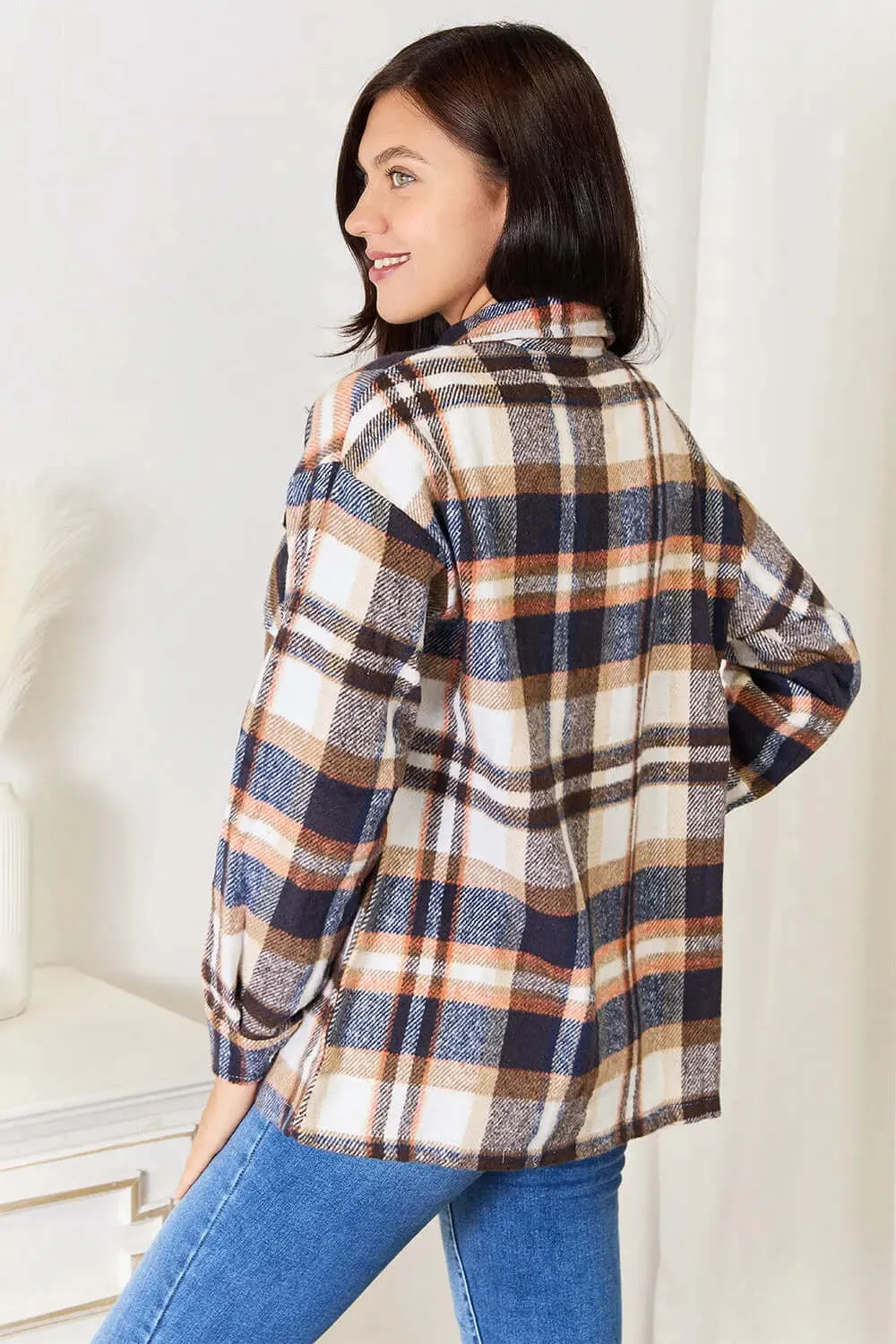 Double Take Plaid Button-up Shirt Jacket with Breast Pockets