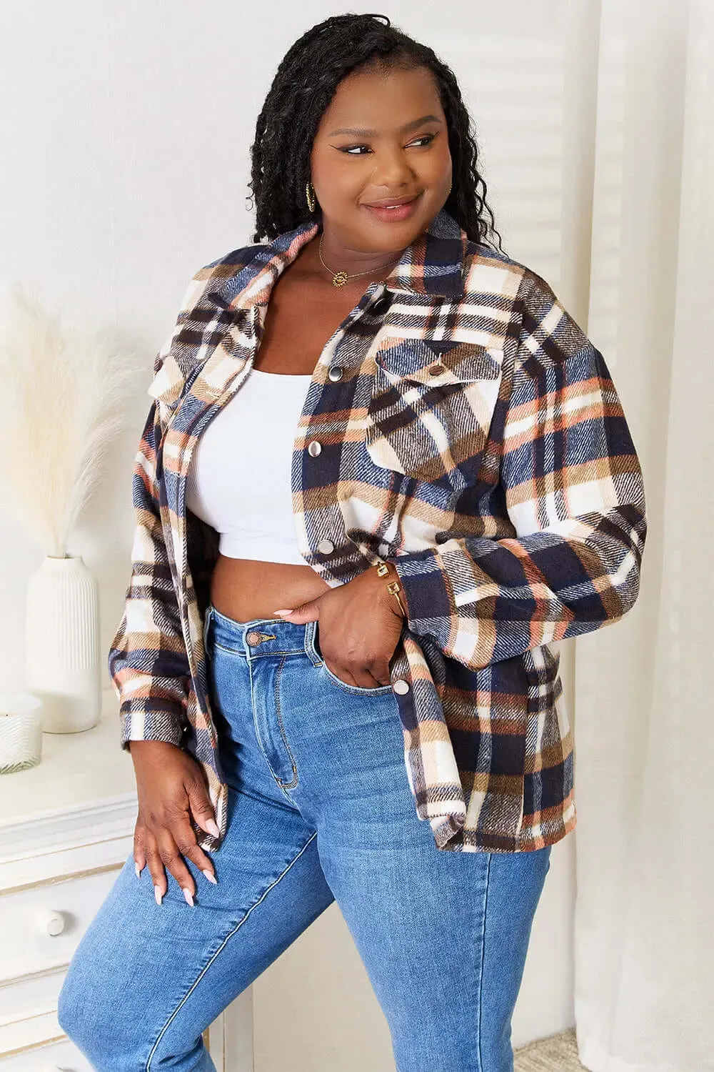 Double Take Plaid Button-up Shirt Jacket with Breast Pockets