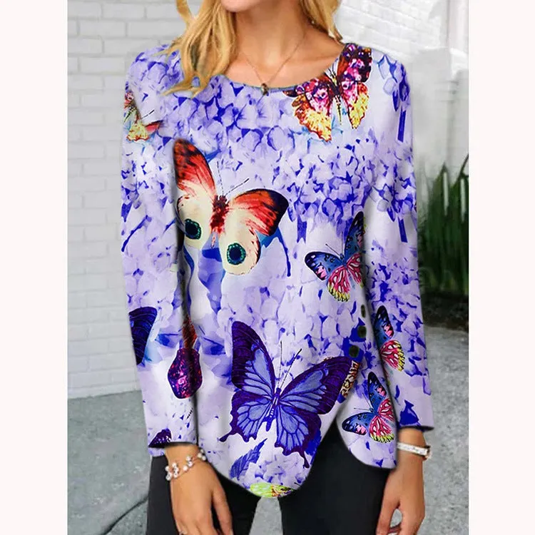 Fashion round neck butterfly hem button irregular long-sleeved T-shirt