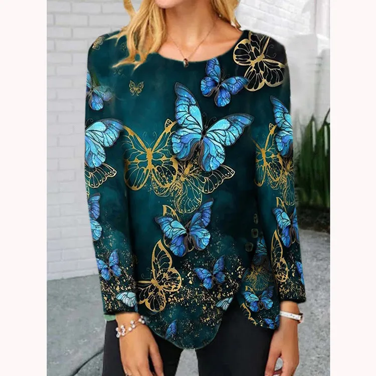 Fashion round neck butterfly hem button irregular long-sleeved T-shirt