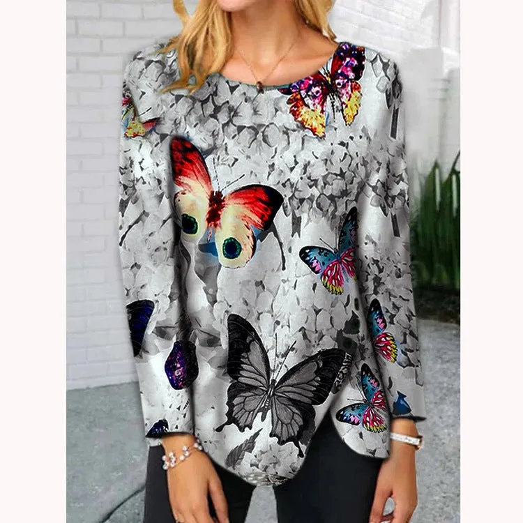 Fashion round neck butterfly hem button irregular long-sleeved T-shirt