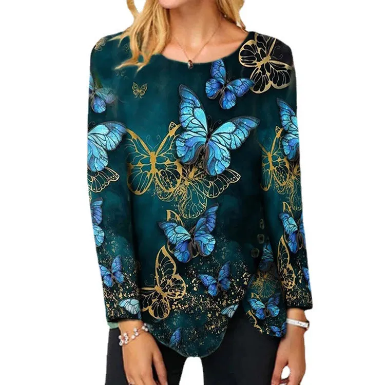 Fashion round neck butterfly hem button irregular long-sleeved T-shirt