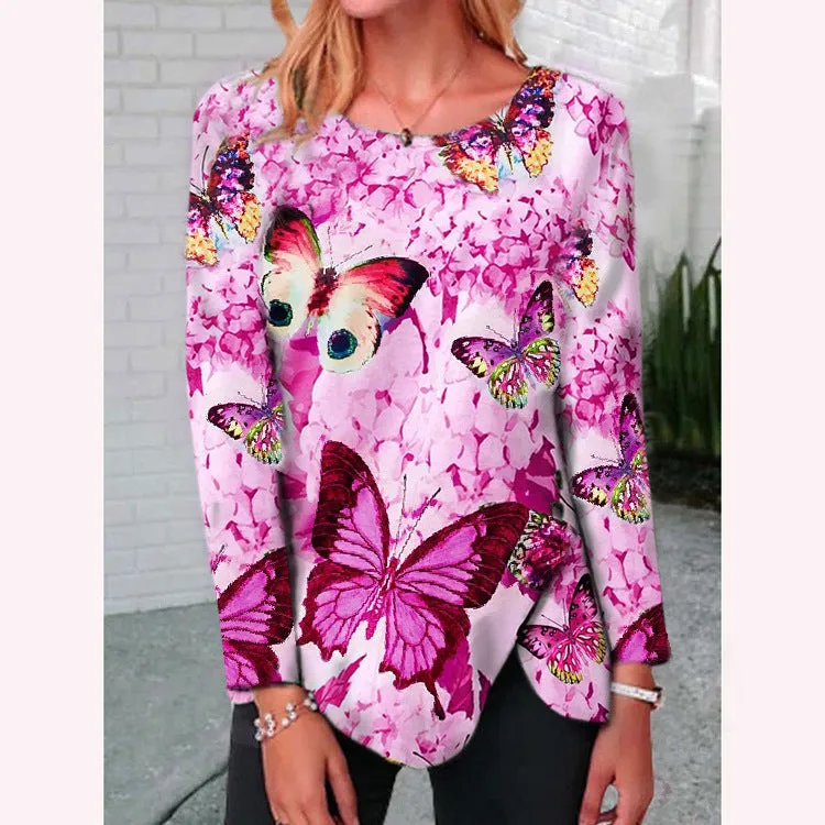 Fashion round neck butterfly hem button irregular long-sleeved T-shirt