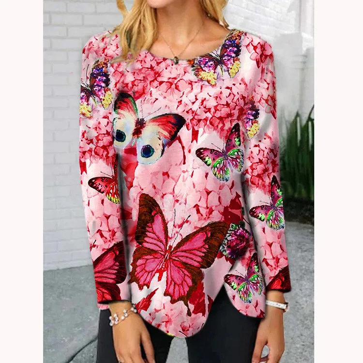 Fashion round neck butterfly hem button irregular long-sleeved T-shirt