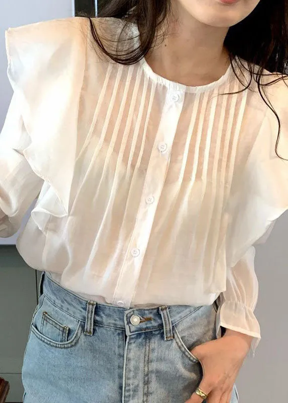 Fashion White Ruffled Patchwork Cotton Tops Long Sleeve LY2640